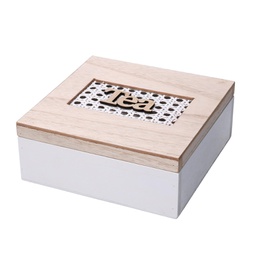 [V5959780000] Scatola portathe legno 4 scomparti bianco quadro cm18x18h7