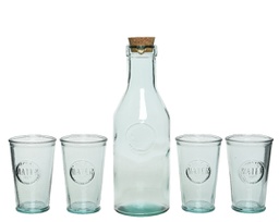 [20041824] Set 5 pz acqua Caraffa con coperchio in sughero e 4 bicchieri di vetro chiaro riciclato