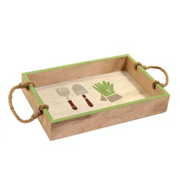 [V5918070000] Vassoio legno bianco verde c/manici corda rettangolare cm30x20h5